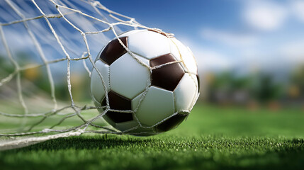 A soccer ball flies into the net, causing the mesh to stretch in tension. The backdrop features a green grass field under a clear blue sky, capturing an exciting moment in the game