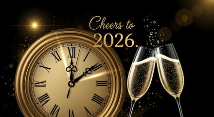 New year's eve celebration toasts champagne glasses and vintage clock welcoming 2026