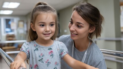 Caregiver assisting a young girl in physical therapy, using parallel bars to enhance walking skills and coordination.