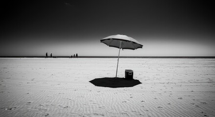 BW image of a beach umbrella cooler and people walking in the distance The scene is defined by a flat beach and sky