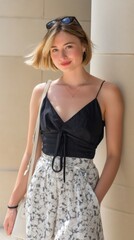 Chic young woman displaying a stylish summer outfit with a touch of elegance and confidence. 