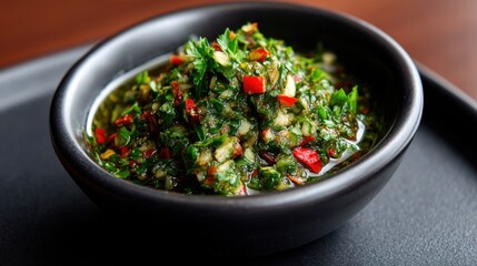 Chimichurri sauce with finely chopped parsley and chili, displayed in a bowl with dark shadows. 