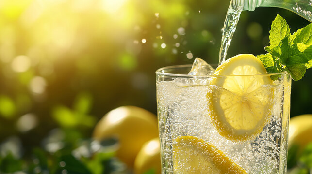Lemon spritzer being poured into a glass with mint and lemon slices  