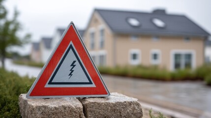 Close-up of a warning sign in front of a house with roof damage caused by a recent thunderstorm. 