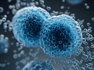 Microscopic view of blue cells surrounded by bubbles, showcasing cellular structure and biological detail.