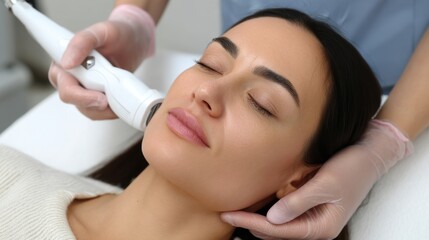 Close-up of a woman undergoing a fractional radiofrequency facelift treatment for skin rejuvenation at a medical spa.