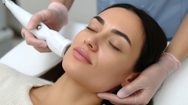 Close-up of a woman undergoing a fractional radiofrequency facelift treatment for skin rejuvenation at a medical spa.