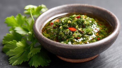 Close-up of chimichurri sauce with green parsley and chili, served in a small bowl on a dark background. 