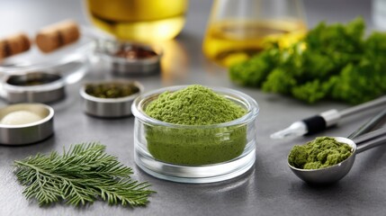 Close-up of green powder for epilation, surrounded by laboratory tools and herbal ingredients. 