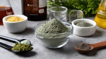 Close-up of green powder for epilation, surrounded by laboratory tools and herbal ingredients. 