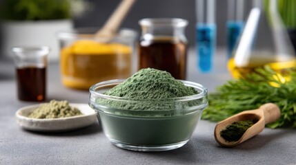 Close-up of green powder for epilation, surrounded by laboratory tools and herbal ingredients. 