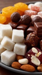 Close-up of Turkish Ramadan candy assortment including sugar candy, chocolate, and almond treats.