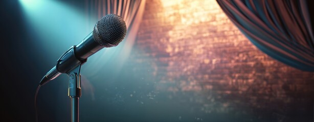 The Microphone on a Dimly Lit Stage Ready for a Live Music Performance