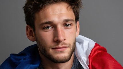 Close-up portrait of a young French man sitting with the national flag of France in a studio with grey background. 