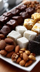 Close-up of Turkish Ramadan candy assortment including sugar candy, chocolate, and almond treats. 