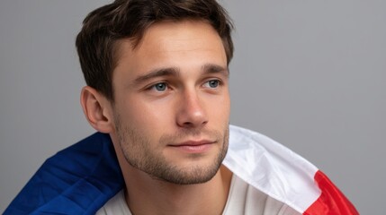 Close-up portrait of a young French man sitting with the national flag of France in a studio with grey background. 