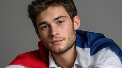 Close-up portrait of a young French man sitting with the national flag of France in a studio with grey background. 