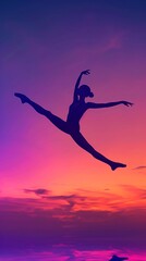 Silhouette of a graceful dancer in mid-air against the vibrant sunset sky backdrop