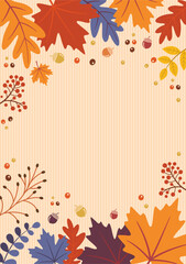Naklejka na ściany i meble Autumn leaves frame border background vector illustration, vertical blank template, copy space for Thanksgiving Invitation, Menu card, Greeting Card, Social Media, Ads, Creatives
