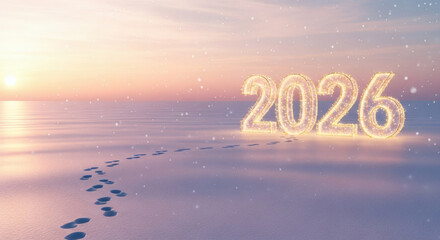  Shiny 2026 numbers in peaceful snowy landscape at sunrise, symbolizing peace and optimism