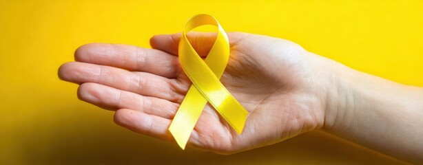 The yellow ribbon in a hand symbolizing awareness and support for causes