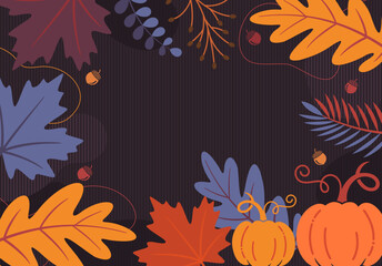Fall leaves background vector, Autumn frame border,
thanksgiving day template with Simple flat pumpkins, 
leaves, acorns, berries, plants