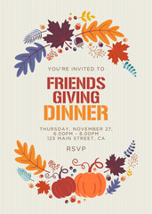 Friendsgiving dinner invitation design template 
for Thanksgiving day party with fall leaves background, pumpkins, leaves, acorns, berries, plants, 
colorful autumn leaves, set