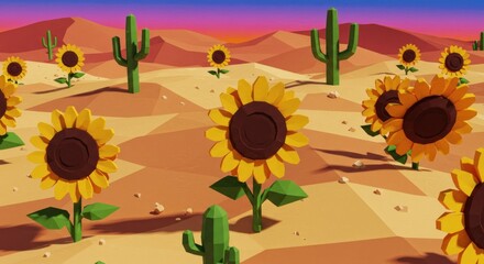 Low poly desert landscape with sunflowers and cacti against a vibrant sky
