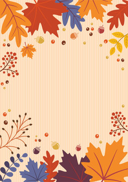 Autumn leaves frame border background vector illustration, vertical blank template, copy space for Thanksgiving Invitation, Menu card, Greeting Card, Social Media, Ads, Creatives