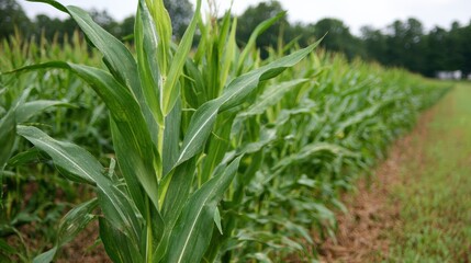 Lush green cornfield with tall stalks in natural outdoor setting
