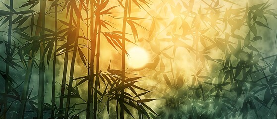 Serene Bamboo Forest Silhouette with Golden Light Shimmering through the Leaves