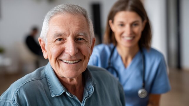 Disabled senior man receiving support from a caregiver, with a focus on medical implants and aging care. 