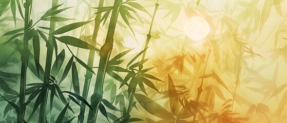 Misty Bamboo Forest: Serene Asian Inspired Illustration with Subtle Sunlight