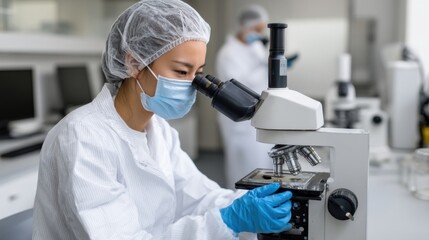 Female Asian scientist in protective suit working with a microscope in a modern biotech lab. 