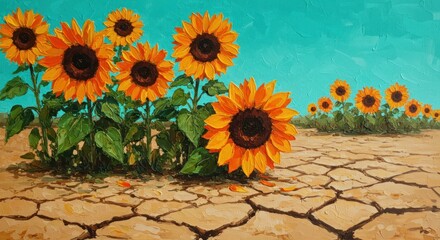 Oil painting of sunflowers in dry cracked earth beneath a turquoise sky