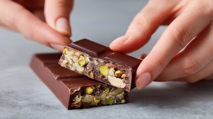 Female hands breaking a rich chocolate bar filled with pistachios and knafeh, with soft lighting on a grey surface.