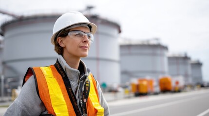 Female engineer in safety gear supervising operations at an oil and gas refinery with massive storage tanks. 