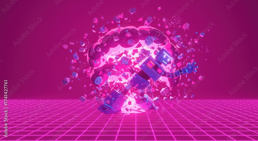 Wall mural robot exploding on a gridlined floor against a magenta backdrop the robots form is surrounded by fra