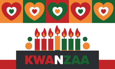 Kwanzaa Happy Celebration. African and African-American culture holiday. Seven days festival, celebrate annual from December 26 to January 1. Black history. Poster, card, banner and background. Vector