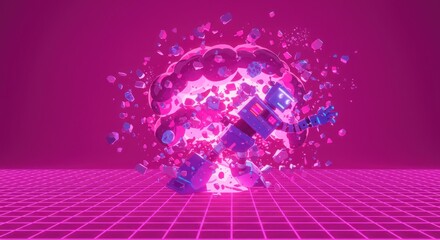 Robot exploding on a gridlined floor against a magenta backdrop The robots form is surrounded by fragmented pieces suggesting disintegration
