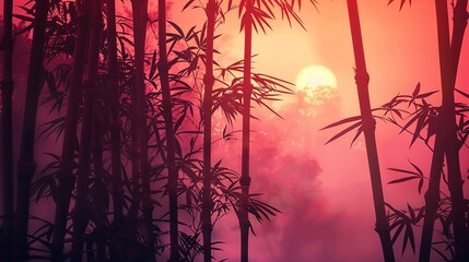 Bamboo Silhouette Against a Vibrant Sunrise: A serene Asian landscape scene
