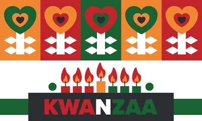 Kwanzaa Happy Celebration. African and African-American culture holiday. Seven days festival, celebrate annual from December 26 to January 1. Black history. Poster, card, banner and background. Vector