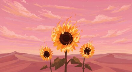 Three sunflowers ablaze in a pink desert landscape