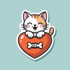 This cheerful illustration depicts a happy cat cradling a heart-shaped symbol with a fish bone, representing love for pets and the joy they bring to our lives.