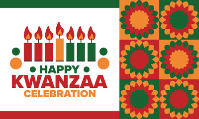 Kwanzaa Happy Celebration. African and African-American culture holiday. Seven days festival, celebrate annual from December 26 to January 1. Black history. Poster, card, banner and background. Vector
