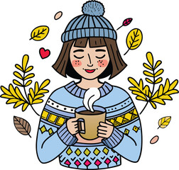 Cozy Autumn Day a Girl Enjoying Warm Drink in a Colorful Sweater with Falling Leaves