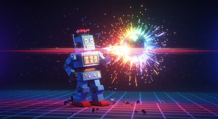 A blue retro robot stands on a neon grid facing a bursting disco ball in a dark space