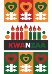 Kwanzaa Happy Celebration. African and African-American culture holiday. Seven days festival, celebrate annual from December 26 to January 1. Black history. Poster, card, banner and background. Vector