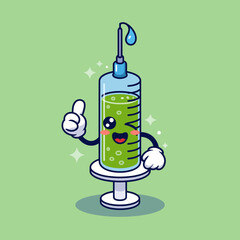 This image presents a cheerful cartoon syringe character with a green liquid, playfully combining healthcare and positivity, representing wellness and a fun approach to medical themes.
