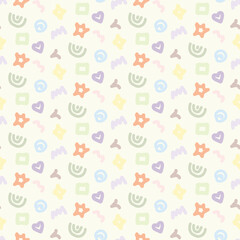 Seamless pattern of hearts, spirals, sparkles, rectangles, stars, rainbows and zigzag waves in cute pastel colors. Light yellow background for children's clothing,templates,wrapping paper,cover book